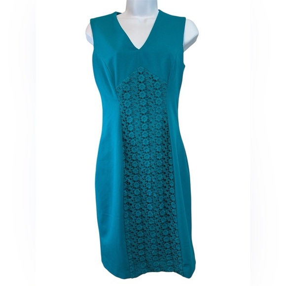 Calvin Klein Aqua Crochet Sheath Dress Women’s Size 2 Sleeveless V- Neck - Picture 1 of 11